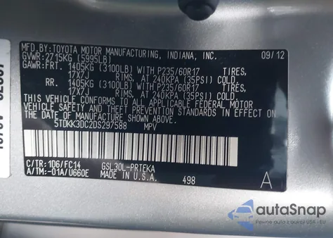 2013 Toyota Sienna Le V6 8 Passenger из США, поврежденный, VIN 5TDKK3DC2DS297588